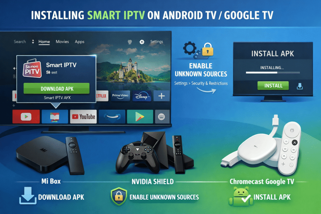 Installation Smart IPTV APK sur Android TV et Google TV avec étapes de configuration 2026