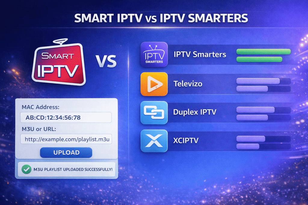 Comparaison Smart IPTV avec IPTV Smarters, Televizo, Duplex IPTV et XCIPTV en 2026