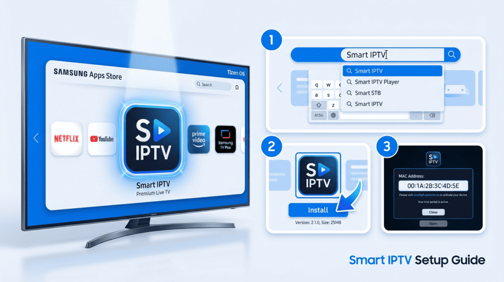 Installation Smart IPTV sur Samsung Tizen avec Smart IPTV app et étapes de configuration 2026