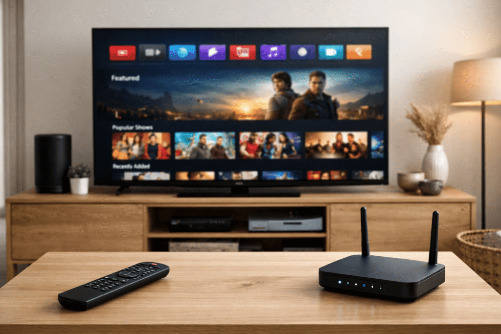 Installation IPTV sur Smart TV Samsung avec connexion internet dans un salon moderne