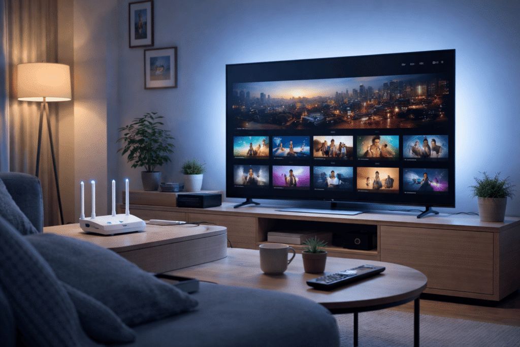 Connexion internet stable pour IPTV sur Smart TV avec routeur Wi-Fi et câble Ethernet