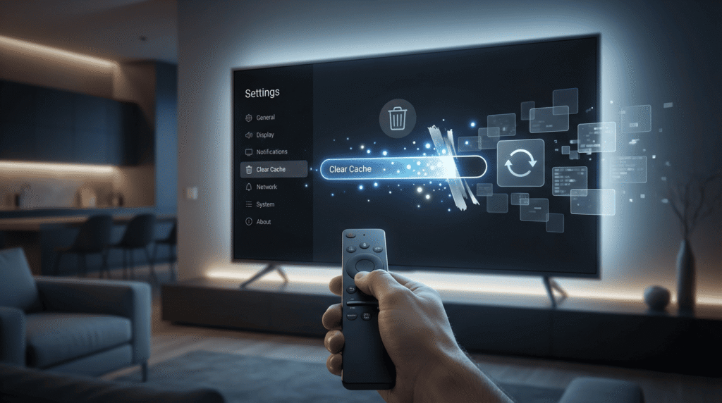 Nettoyer le cache de l’application IPTV illustration showing Smart TV settings menu and cache being cleared