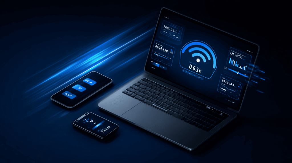 Tester la vitesse Internet illustration showing user checking internet speed on Smart TV with WiFi and speed meters