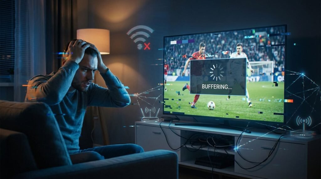 IPTV qui coupe solution illustration showing Smart TV frozen, buffering icons and unstable internet signals