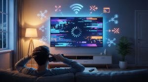 Modern digital illustration for IPTV qui coupe solution with WiFi icons and frozen TV display