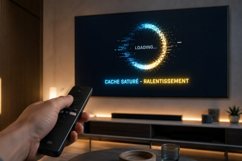 Application IPTV lente avec message cache saturé et icône de chargement sur une Smart TV.