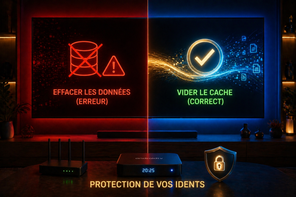 Comparaison visuelle sur Smart TV entre Effacer les données (Erreur en rouge) et Vider le cache (Correct en bleu et or) pour IPTV.