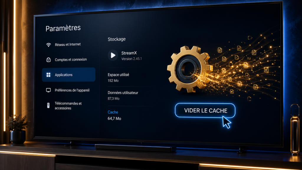 Interface réglages Smart TV avec option Vider le cache pour corriger l'écran noir IPTV.