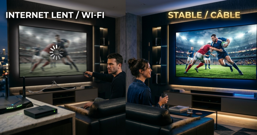 Comparaison entre connexion Wi-Fi instable et câble Ethernet pour streaming IPTV 4K fluide